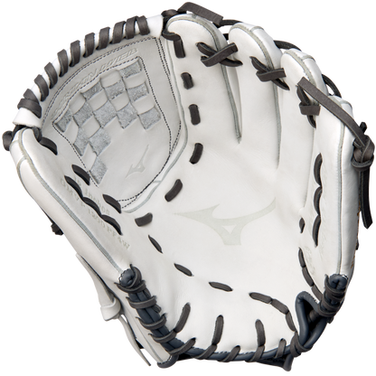 A Mizuno MVP Prime 12" Fastpitch Glove (GMVP1200PF4W) in white and gray with black laces, open to display its Bio Soft Leather palm, webbing, and interior details. The Mizuno logo is visible on the palm.