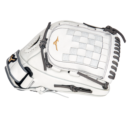 The Mizuno MVP Prime 12" Fastpitch Glove (GMVP1200PF4W) features white Bio Soft Leather, gray laces, a gold Mizuno logo, and a woven web pocket, shown on a white background.