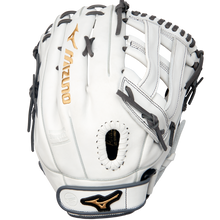 The Mizuno MVP Prime 13" Fastpitch Glove (GMVP1300PF4W) is shown palm up, featuring white Bio Soft Leather, gray laces, gold Mizuno logos, and a webbed pocket against a plain background.