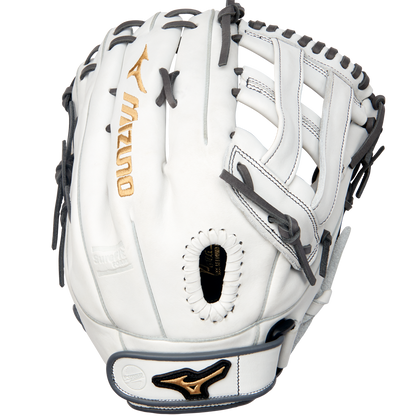 The Mizuno MVP Prime 13" Fastpitch Glove (GMVP1300PF4W) is shown palm up, featuring white Bio Soft Leather, gray laces, gold Mizuno logos, and a webbed pocket against a plain background.