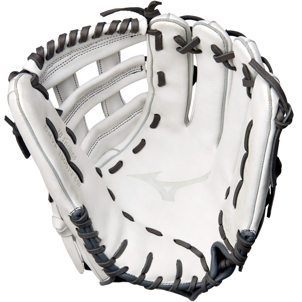 A Mizuno MVP Prime 13" Fastpitch Glove (GMVP1300PF4W) in white Bio Soft Leather with black laces, open to show its palm, webbing, and Center Pocket Designed Patterns.
