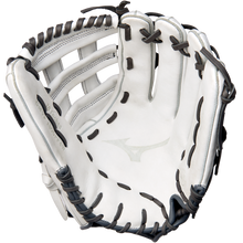 A Mizuno MVP Prime 13" Fastpitch Glove (GMVP1300PF4W) in white Bio Soft Leather with black laces, open to show its palm, webbing, and Center Pocket Designed Patterns.