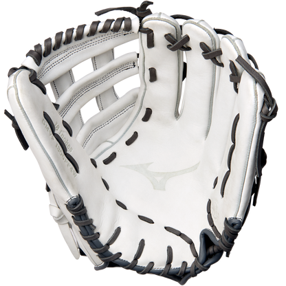 A Mizuno MVP Prime 13" Fastpitch Glove (GMVP1300PF4W) in white Bio Soft Leather with black laces, open to show its palm, webbing, and Center Pocket Designed Patterns.