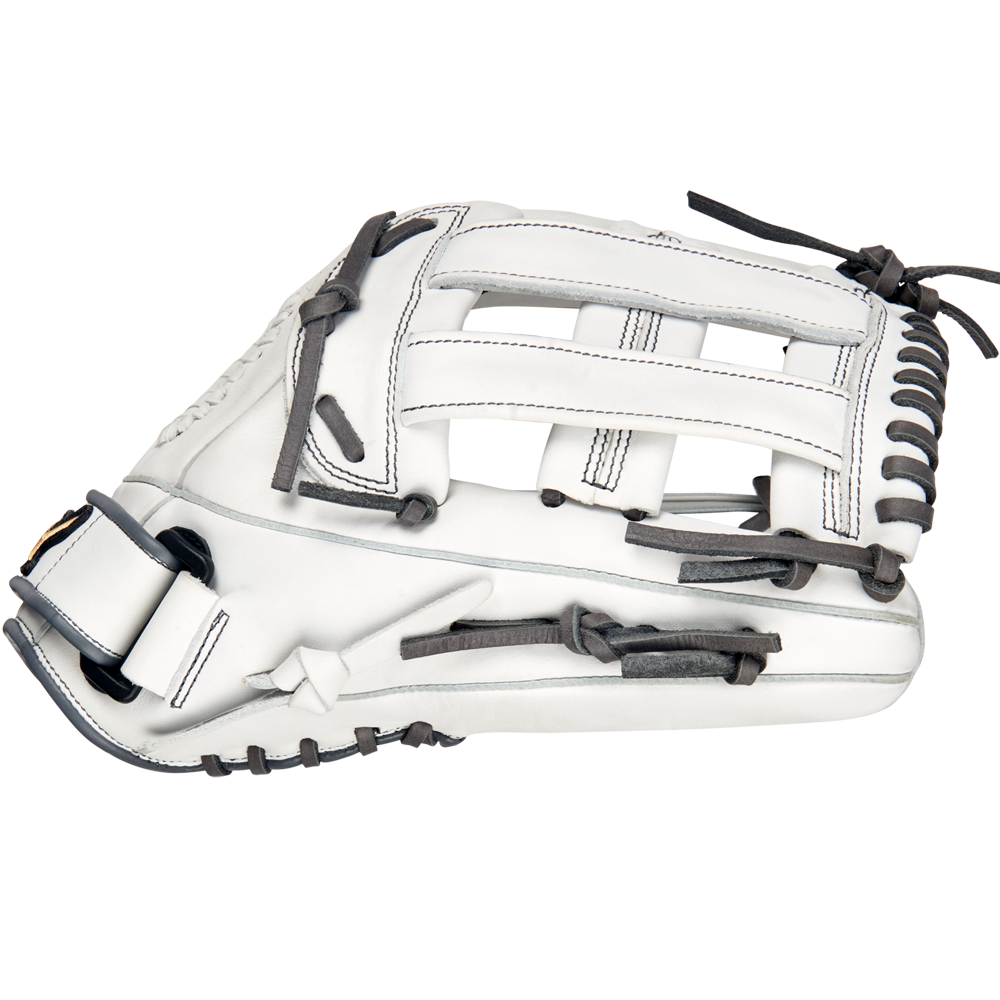 The Mizuno MVP Prime 13" Fastpitch Glove (GMVP1300PF4W) is crafted from Bio Soft Leather with black laces and stitching, shown from the side against a plain white background.