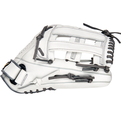 The Mizuno MVP Prime 13" Fastpitch Glove (GMVP1300PF4W) is crafted from Bio Soft Leather with black laces and stitching, shown from the side against a plain white background.