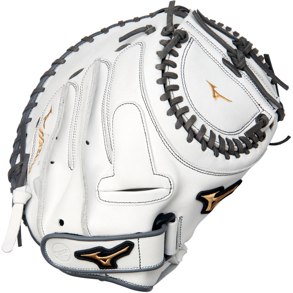 The Mizuno MVP Prime 34" Fastpitch Catcher's Mitt (GXS50PF4W) is a white Bio Soft Leather glove with black laces, gold logo accents, and detailed stitching, featuring a center pocket design—shown on a plain white background.