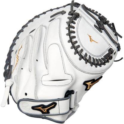 The Mizuno MVP Prime 34" Fastpitch Catcher's Mitt (GXS50PF4W) is a white Bio Soft Leather glove with black laces, gold logo accents, and detailed stitching, featuring a center pocket design—shown on a plain white background.