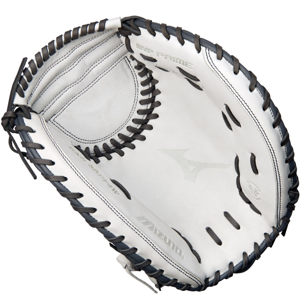 The Mizuno MVP Prime 34" Fastpitch Catcher's Mitt (GXS50PF4W) features a white and black design, visible stitching, an open palm with the Mizuno logo inside, and Bio Soft Leather for a premium feel.