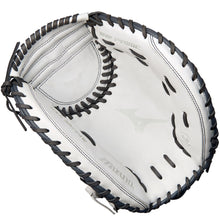 The Mizuno MVP Prime 34" Fastpitch Catcher's Mitt (GXS50PF4W) features a white and black design, visible stitching, an open palm with the Mizuno logo inside, and Bio Soft Leather for a premium feel.