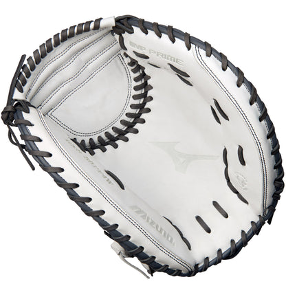 The Mizuno MVP Prime 34" Fastpitch Catcher's Mitt (GXS50PF4W) features a white and black design, visible stitching, an open palm with the Mizuno logo inside, and Bio Soft Leather for a premium feel.