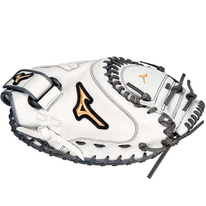 The Mizuno MVP Prime 34" Fastpitch Catcher's Mitt (GXS50PF4W) is a white glove with black laces, gold and black accents, a center pocket design, and stylized gold logos on the side and near the webbing.