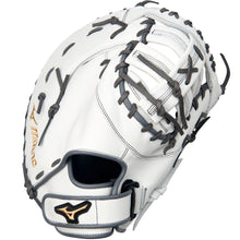 The Mizuno MVP Prime 13" Fastpitch First Base Mitt (GXF50FPW2) is a white Bio Soft Leather glove with gray laces, gold Mizuno logos on the strap and side, an open web design, and a secure wrist strap.