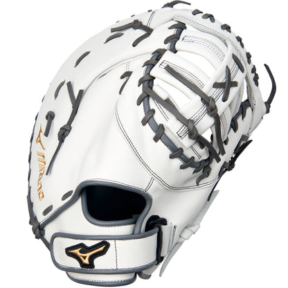 The Mizuno MVP Prime 13" Fastpitch First Base Mitt (GXF50FPW2) is a white Bio Soft Leather glove with gray laces, gold Mizuno logos on the strap and side, an open web design, and a secure wrist strap.