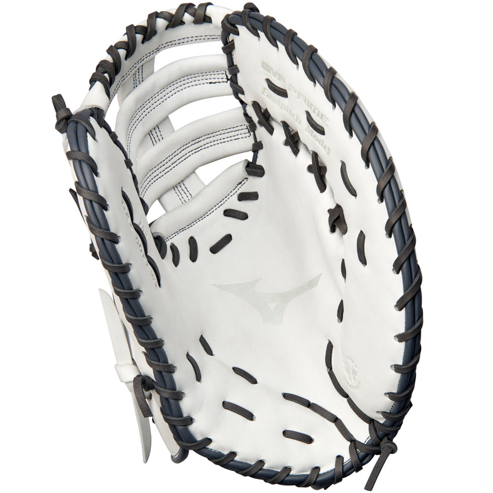 The Mizuno MVP Prime 13" Fastpitch First Base Mitt (GXF50FPW2) is shown from the palm side, featuring black laces, an open web design, and the Mizuno logo at the center. Made with Bio Soft Leather for a classic look and feel.