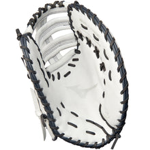 The Mizuno MVP Prime 13" Fastpitch First Base Mitt (GXF50FPW2) is shown from the palm side, featuring black laces, an open web design, and the Mizuno logo at the center. Made with Bio Soft Leather for a classic look and feel.