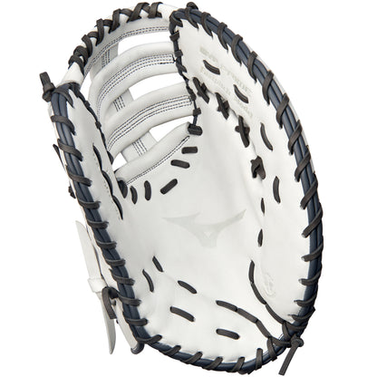 The Mizuno MVP Prime 13" Fastpitch First Base Mitt (GXF50FPW2) is shown from the palm side, featuring black laces, an open web design, and the Mizuno logo at the center. Made with Bio Soft Leather for a classic look and feel.
