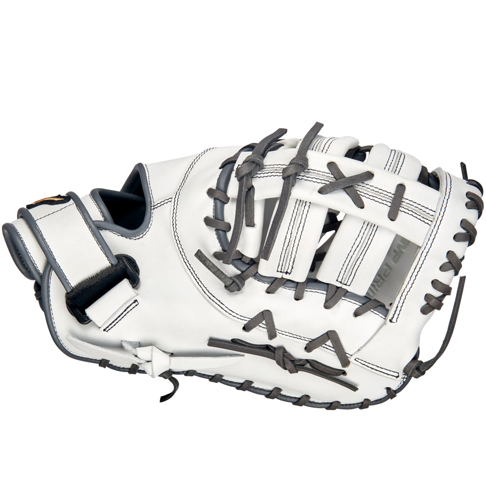 A Mizuno MVP Prime 13" Fastpitch First Base Mitt (GXF50FPW2) by Mizuno, crafted from Bio Soft Leather with white and gray accents and an open web design, is displayed on a plain white background.