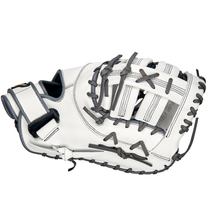 A Mizuno MVP Prime 13" Fastpitch First Base Mitt (GXF50FPW2) by Mizuno, crafted from Bio Soft Leather with white and gray accents and an open web design, is displayed on a plain white background.