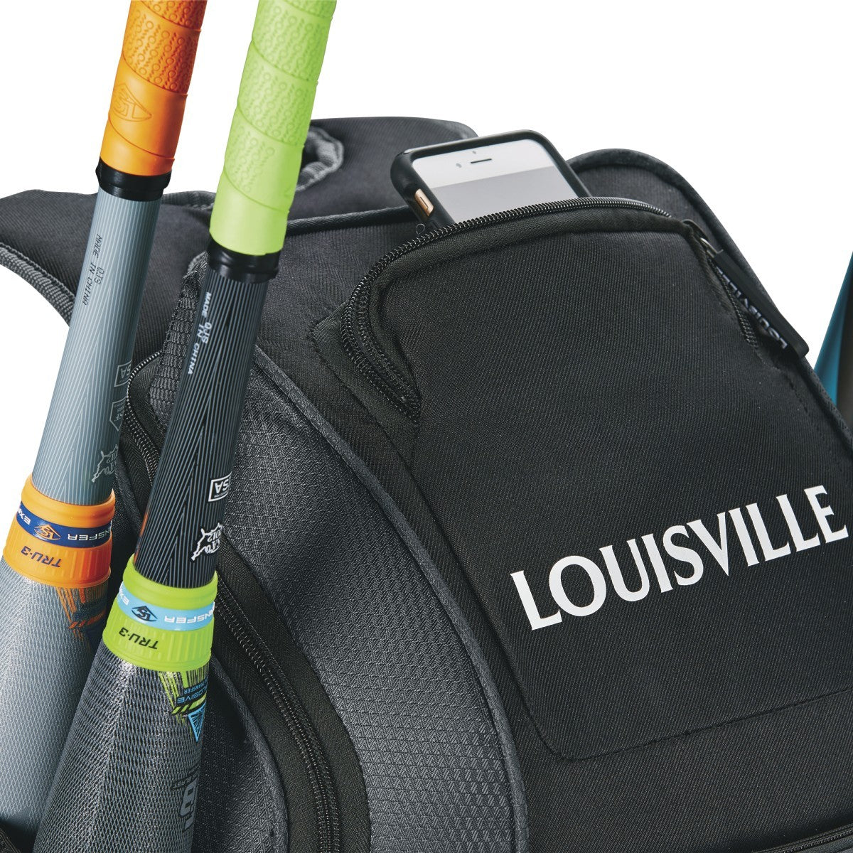 The Louisville Slugger Prime Stick Pack Backpack (WTL9902) in black holds two bats in side holders, with a smartphone visible in the open front pocket.