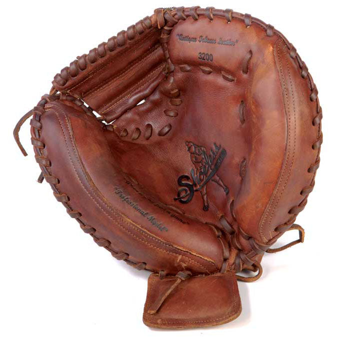 The Shoeless Joe 32" Baseball Catcher's Mitt (3200CM), made from tobacco-tanned steerhide with visible stitching and embossed branding, is shown open and upright against a white background.