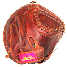 A brown leather Shoeless Joe 32" Fastpitch Catcher's Mitt (3200FPCM) features visible stitching and a maroon wrist strap label reading "Shoeless" in yellow.