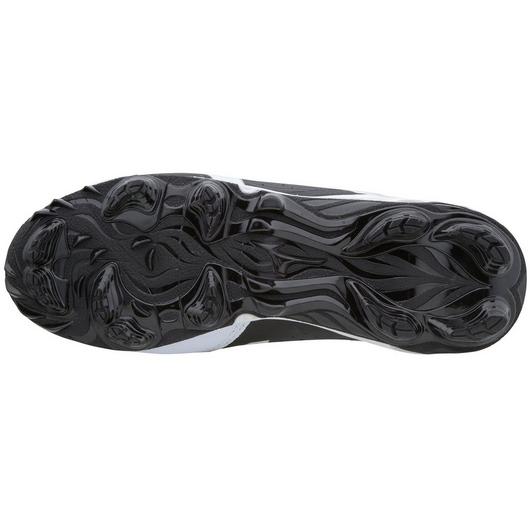 The image features the black rubber outsole of the Mizuno 9-Spike Advanced Finch Elite 3 Women's TPU Molded Fastpitch Softball Cleats (320556), with a wavy tread pattern and pronounced grooves by Mizuno for grip, traction, and stability.