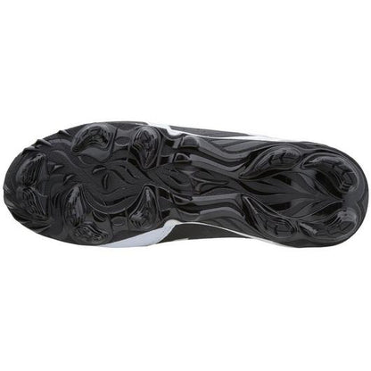 The image features the black rubber outsole of the Mizuno 9-Spike Advanced Finch Elite 3 Women's TPU Molded Fastpitch Softball Cleats (320556), with a wavy tread pattern and pronounced grooves by Mizuno for grip, traction, and stability.