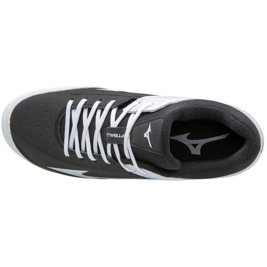 Top view of Mizuno 9-Spike Advanced Finch Elite 3 Women's TPU Molded Fastpitch Softball Cleats in black with white accents and laces, Mizuno logos on tongue and insole, perforated toe, rounded white toe cap, and 9-Spike Advanced TPU outsole for multi-sport use.