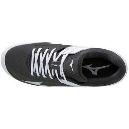 Top view of Mizuno 9-Spike Advanced Finch Elite 3 Women's TPU Molded Fastpitch Softball Cleats in black with white accents and laces, Mizuno logos on tongue and insole, perforated toe, rounded white toe cap, and 9-Spike Advanced TPU outsole for multi-sport use.