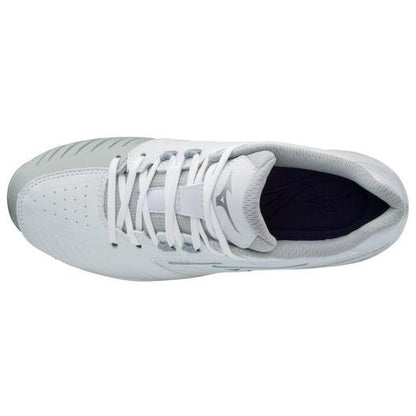 The Mizuno 9-Spike Advanced Sweep 4 Women's Metal Fastpitch Softball Cleats (320569) are lightweight white softball cleats with white laces, designed by Mizuno for comfort and agility on the field.