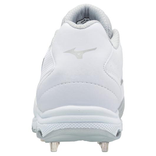Rear view of the Mizuno 9-Spike Advanced Sweep 4 Women's Metal Fastpitch Softball Cleats (320569) in white, featuring silver spikes, a subtle Mizuno logo on the heel, and a padded gray collar for comfort.