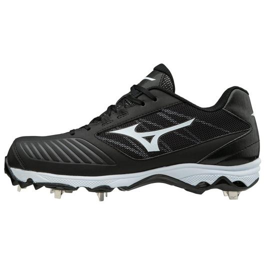 The Mizuno 9-Spike Advanced Sweep 4 Women’s Metal Fastpitch Softball Cleats (320569) feature a black design with white accents, metal spikes, low-cut profile, lace-up closure, and Mizuno logo on the side for lightweight performance.