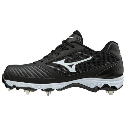The Mizuno 9-Spike Advanced Sweep 4 Women’s Metal Fastpitch Softball Cleats (320569) feature a black design with white accents, metal spikes, low-cut profile, lace-up closure, and Mizuno logo on the side for lightweight performance.