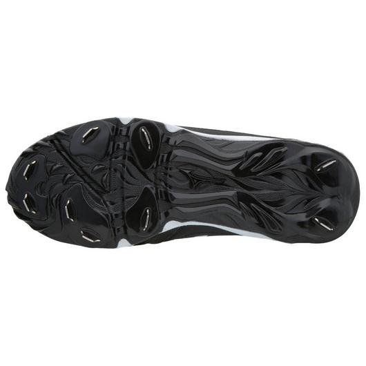 The image features the black sole of the Mizuno 9-Spike Advanced Sweep 4 Women's Metal Fastpitch Softball Cleats (320569) with angular metal studs and a wavy, textured design, showcasing Mizuno’s lightweight premium softball cleat build.
