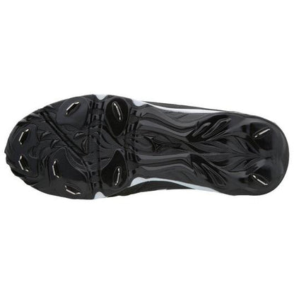 The image features the black sole of the Mizuno 9-Spike Advanced Sweep 4 Women's Metal Fastpitch Softball Cleats (320569) with angular metal studs and a wavy, textured design, showcasing Mizuno’s lightweight premium softball cleat build.