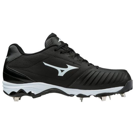 The Mizuno 9-Spike Advanced Sweep 4 Women’s Metal Fastpitch Softball Cleats (320569) feature a black design with white logo and midsole, plus metal spikes on the outsole, shown in side profile against a white background.