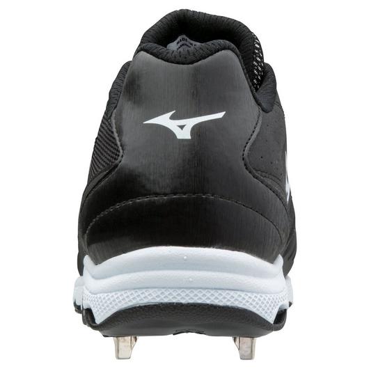 Rear view of the Mizuno 9-Spike Advanced Sweep 4 Women's Metal Fastpitch Softball Cleats (320569) in black with a white sole, metal cleats on the bottom, and a white Mizuno logo displayed on the heel.