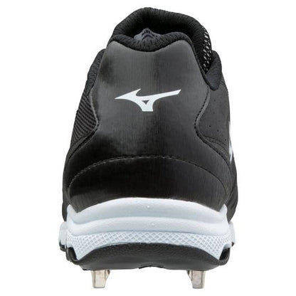 Rear view of the Mizuno 9-Spike Advanced Sweep 4 Women's Metal Fastpitch Softball Cleats (320569) in black with a white sole, metal cleats on the bottom, and a white Mizuno logo displayed on the heel.