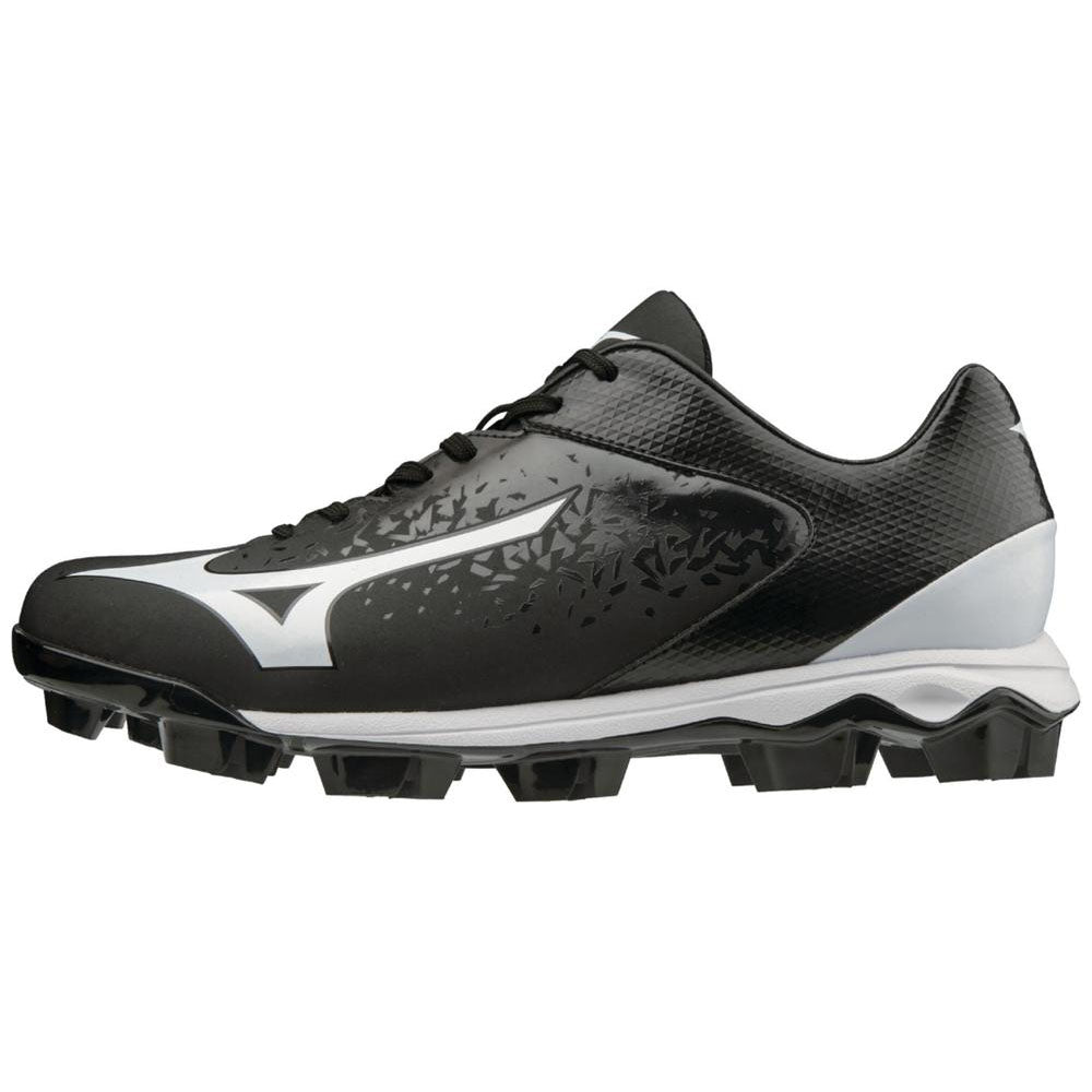 The Mizuno Select Nine TPU Men's Molded Baseball Cleats (320584) feature a black and white low-cut design, large white Mizuno logo, black laces, EVA midsole for comfort, and durable molded rubber studs for traction.