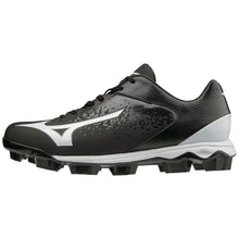 The Mizuno Select Nine TPU Men's Molded Baseball Cleats (320584) feature a black and white low-cut design, large white Mizuno logo, black laces, EVA midsole for comfort, and durable molded rubber studs for traction.