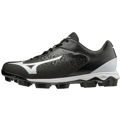 The Mizuno Select Nine TPU Men's Molded Baseball Cleats (320584) feature a black and white low-cut design, large white Mizuno logo, black laces, EVA midsole for comfort, and durable molded rubber studs for traction.