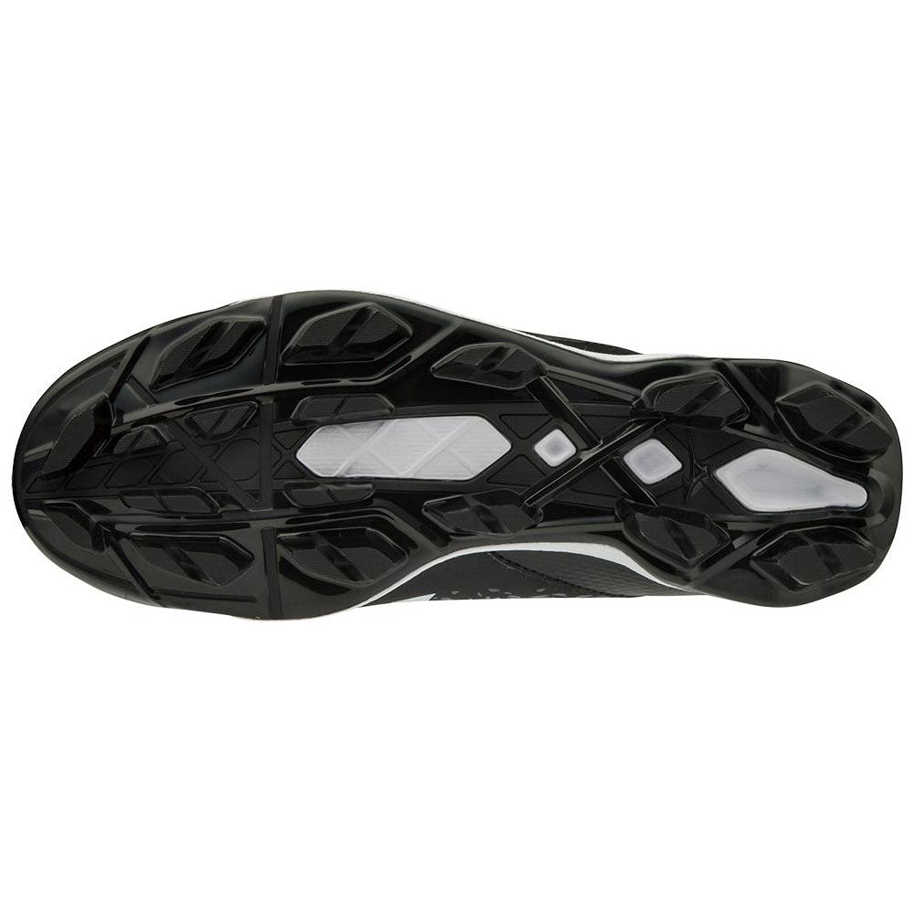 The image shows the black and white sole of Mizuno Select Nine TPU Men's Molded Baseball Cleats (320584), featuring a geometric criss-cross tread pattern for traction and a lightweight EVA midsole for comfort.