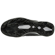 The image shows the black and white sole of Mizuno Select Nine TPU Men's Molded Baseball Cleats (320584), featuring a geometric criss-cross tread pattern for traction and a lightweight EVA midsole for comfort.