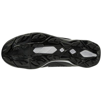 The image shows the black and white sole of Mizuno Select Nine TPU Men's Molded Baseball Cleats (320584), featuring a geometric criss-cross tread pattern for traction and a lightweight EVA midsole for comfort.