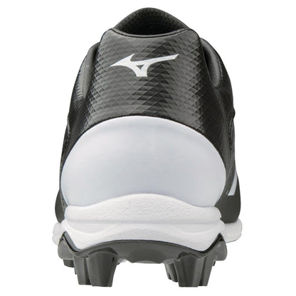 Rear view of Mizuno Select Nine TPU Men's Molded Baseball Cleats (320584) in black and white, featuring a white Mizuno heel logo, EVA midsole for cushioning, and a TPU molded cleat outsole for excellent traction.