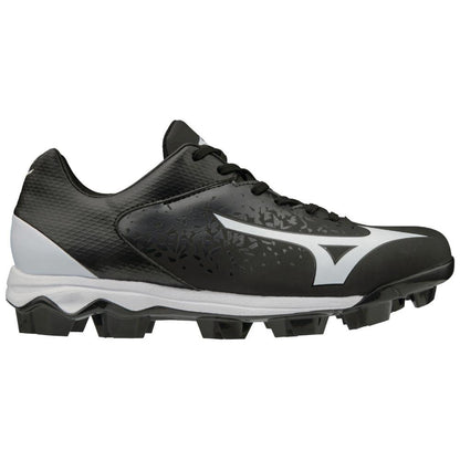 The Mizuno Select Nine TPU Men's Molded Baseball Cleats (320584) feature a black and white design with a glossy finish, white Mizuno logo, black laces, patterned sole with sturdy studs for traction, and an EVA midsole for comfort.