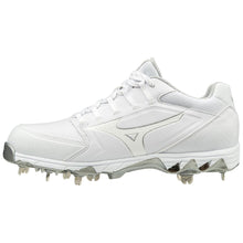 The Mizuno 9-Spike Swift 6 Women's Low Metal Fastpitch Softball Cleats (320588) feature a white mesh and synthetic upper, lace-up closure, subtle silver accents, and metallic spikes—ideal for speed and agility on the field.