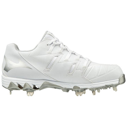 The Mizuno 9-Spike Swift 6 Women's Low Metal Fastpitch Softball Cleats (320588) are white low-tops with silver accents, laces, and a textured sole with metal studs, designed for peak softball performance.