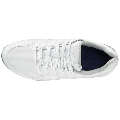 Top view of the Mizuno 9-Spike Swift 6 Women's Low Metal Fastpitch Softball Cleats (320588) in white, featuring white laces, a perforated toe area, and a navy insole with a subtle Mizuno logo.