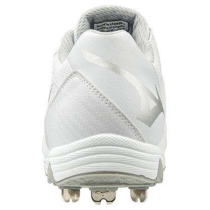Rear view of the Mizuno 9-Spike Swift 6 Women's Low Metal Fastpitch Softball Cleat (320588) in white, featuring a silver graphic on the side, silver metal spikes on the sole, and a visible heel label.